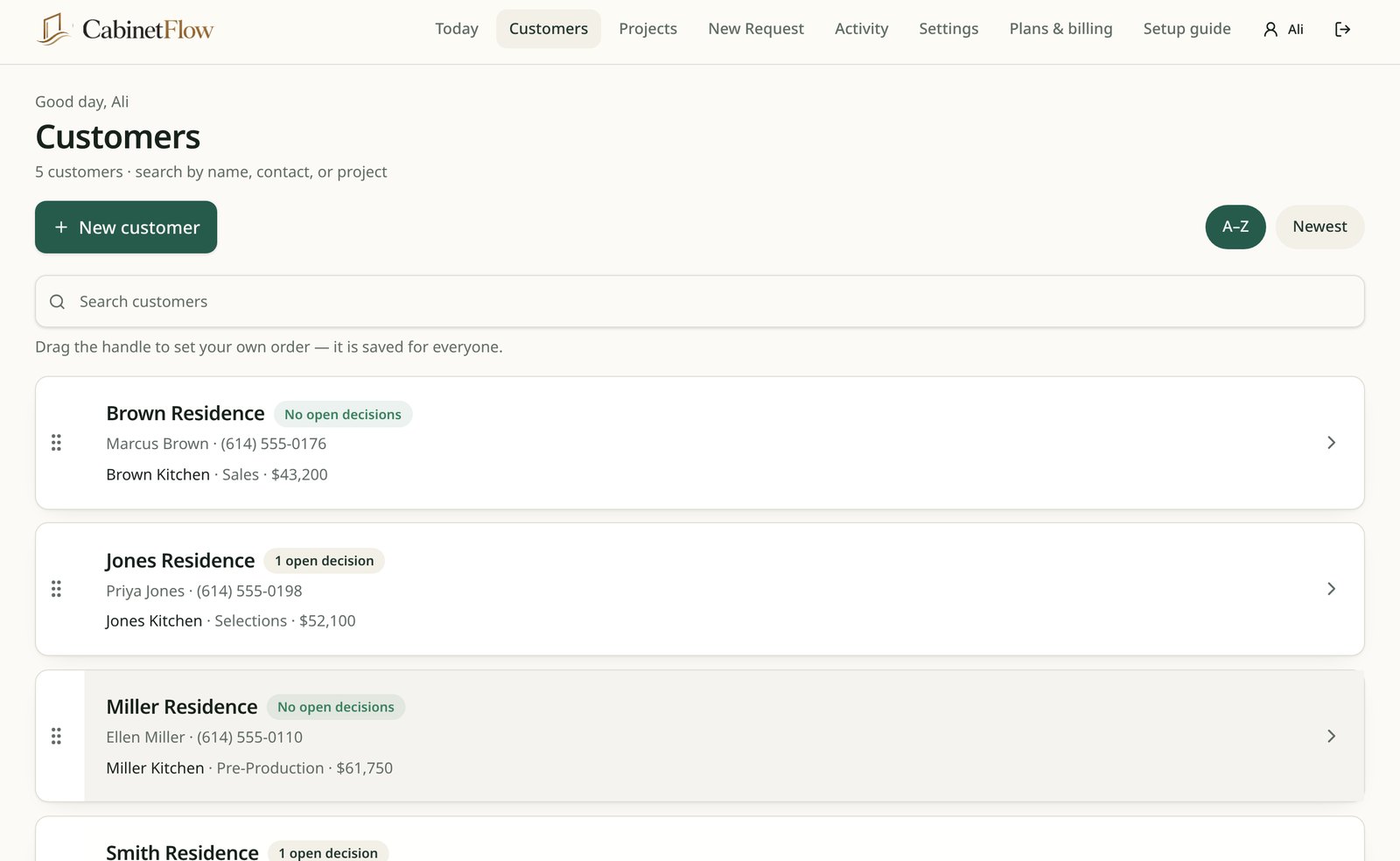 CabinetFlow customers list showing contacts and their active jobs