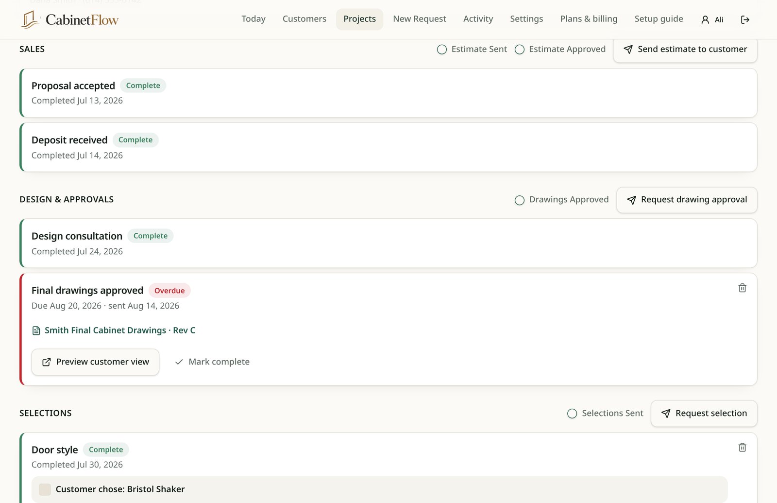 CabinetFlow project detail screen showing sales, approvals and selections