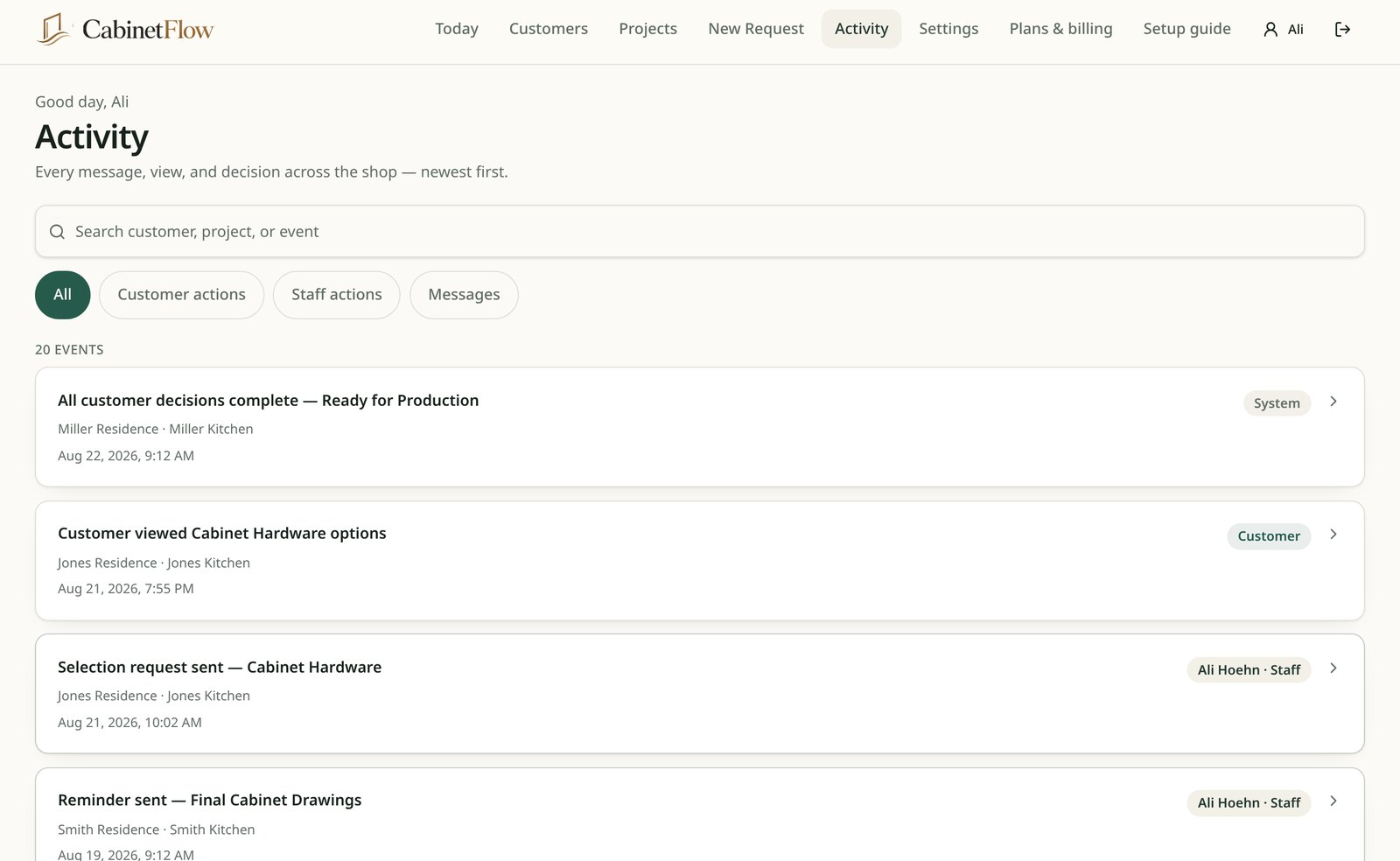 CabinetFlow activity feed listing customer and staff events with timestamps