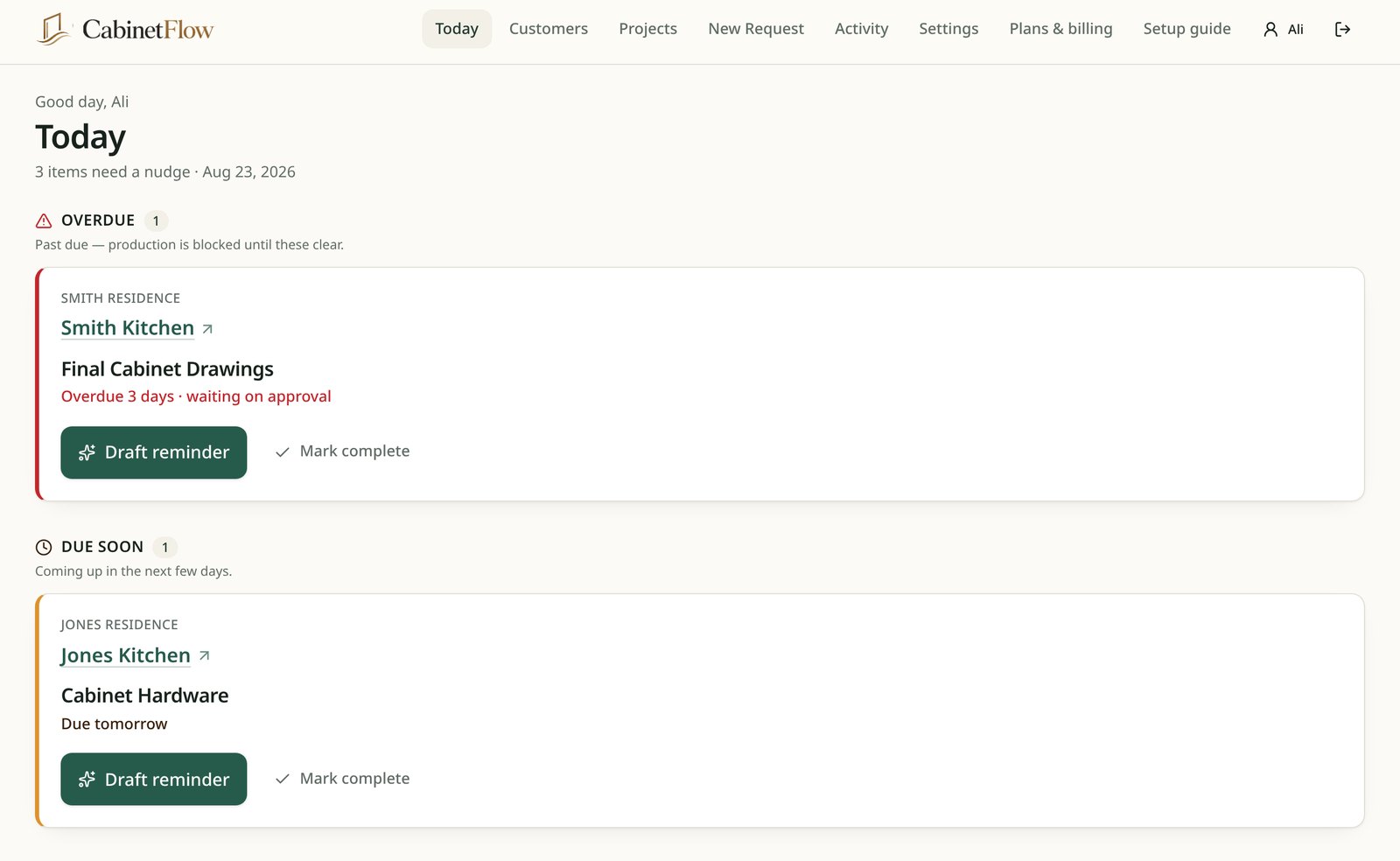 CabinetFlow Today dashboard listing overdue and upcoming project actions