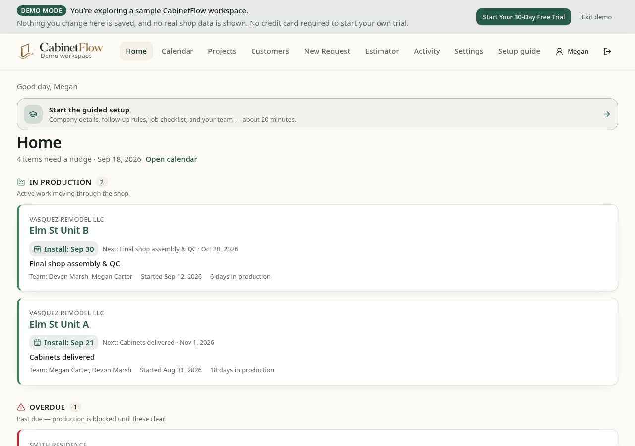 Current CabinetFlow Home dashboard showing active and upcoming project work